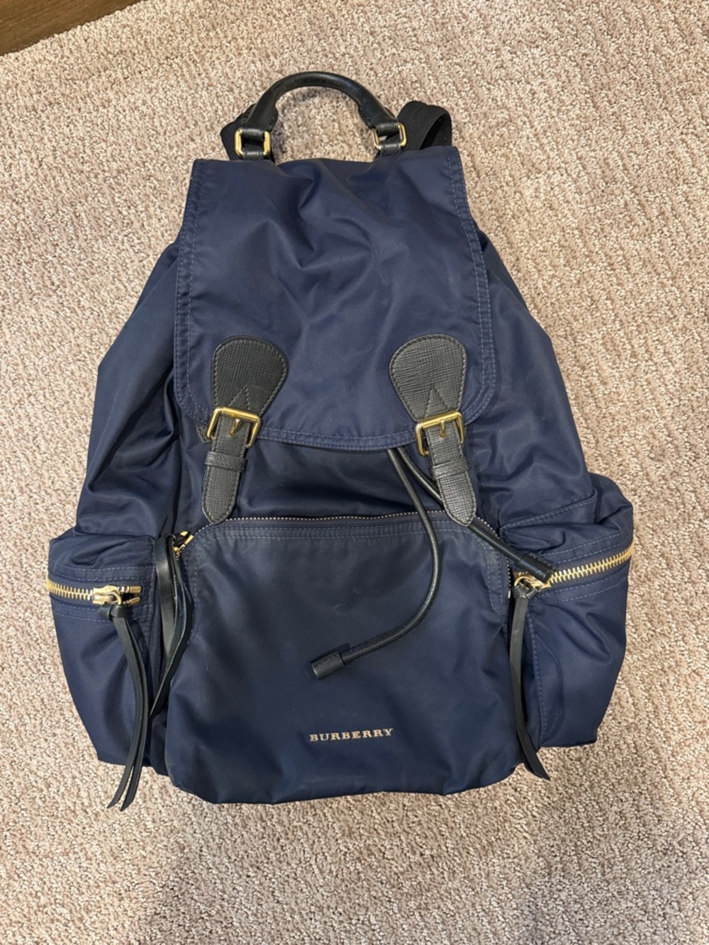 Burberry Navy Backpack with Black Trim and Gold Hardware